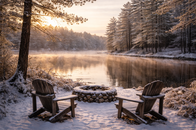 Quiet winter morning at Sutton Falls with Adirondack chairs and a stone fire pit overlooking a misty lake