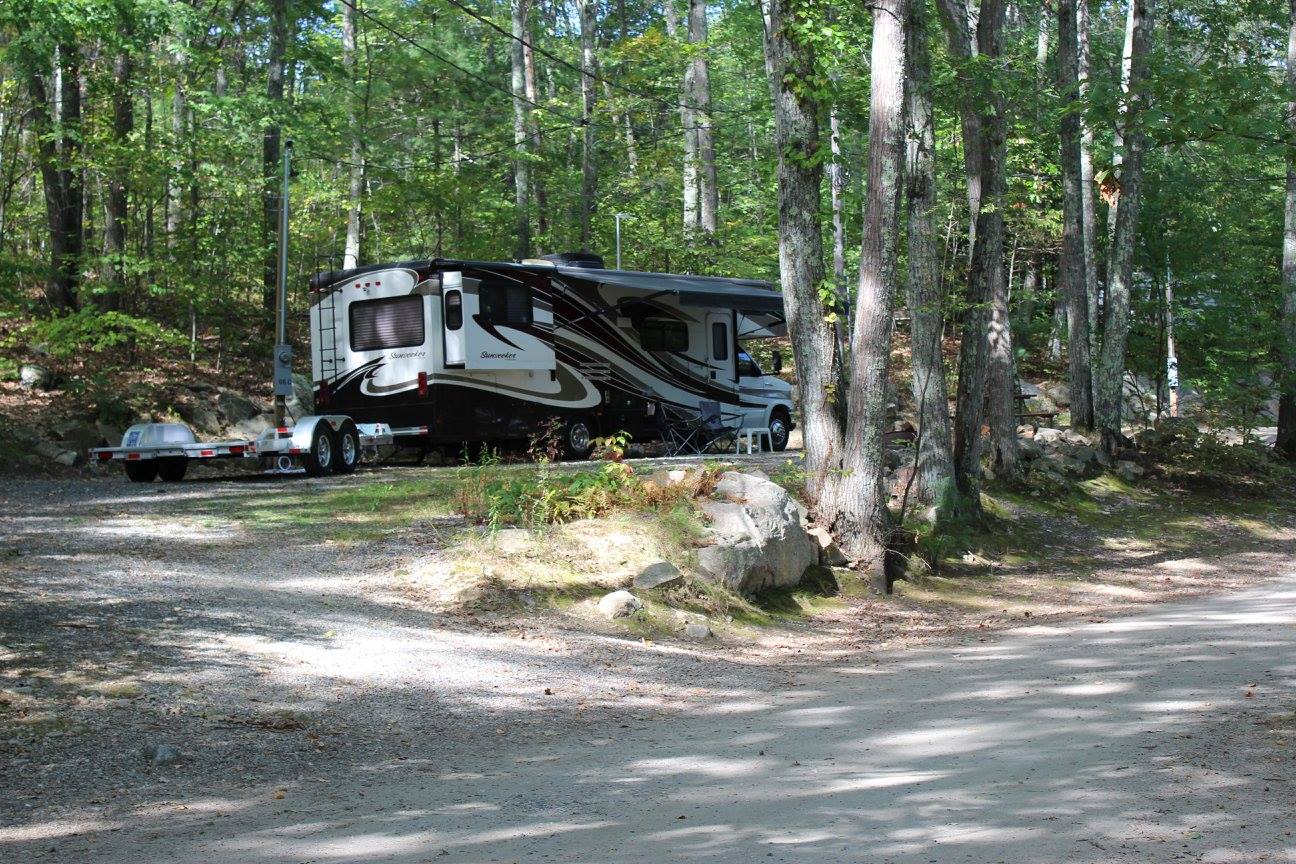 RV campsite surrounded by trees at Sutton Falls Camping Area in Sutton, Massachusetts